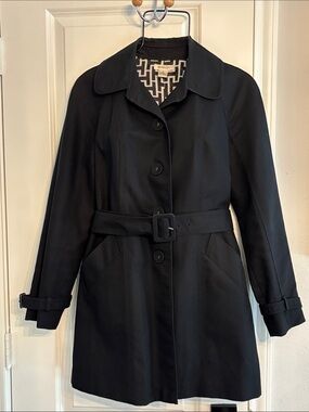 Harold's Women’s Black Belted 4 Button Mid Length Trench Coat. Small